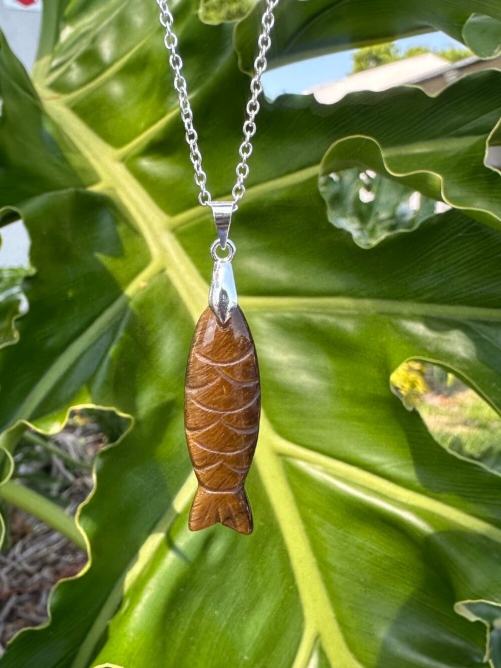 Tiger Eye Sardine Fish Pendant Necklace